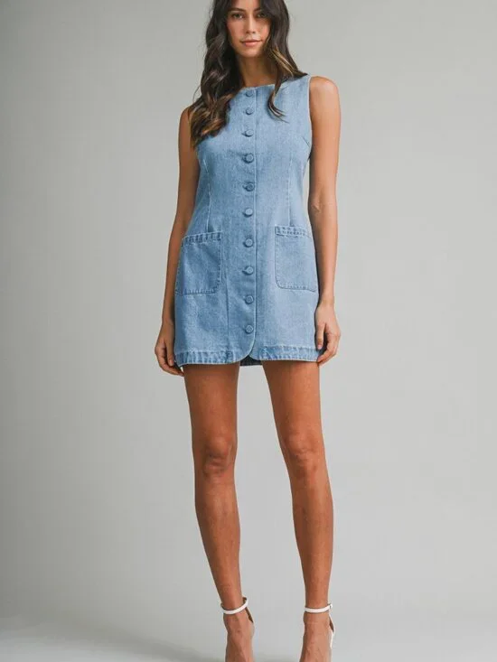 NWT Mable Button Down Sleeveless Mini Light Blue Denim Dress - Picture 5 of 5